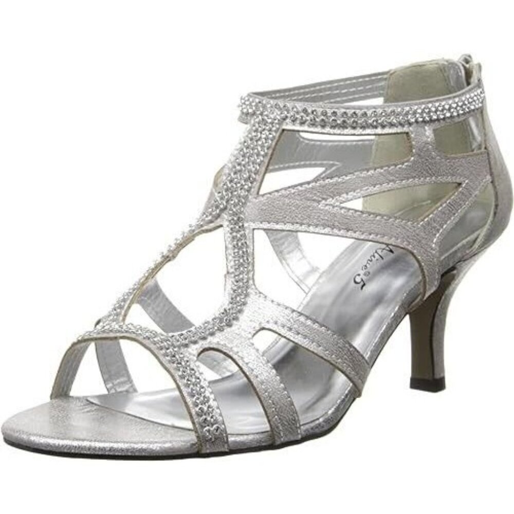 Easy Street Flattery Rhinestone Evening Sandals Heels Zip Silver NEW 7.5 W